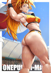Rule 34 | 1girl, absurdres, armpits, bare legs, blue eyes, blurry, blurry background, breasts, captain mizuki, crowd, day, flag, highres, holding, holding flag, large breasts, long hair, looking at viewer, looking back, medal, muscular, muscular female, one-punch man, outdoors, parted lips, ponytail, smile, solo focus, sports bra, standing, sweat, sweatband, thick thighs, thighs, yoshio (55level)