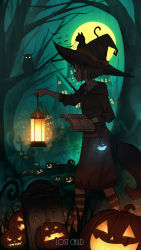 Rule 34 | 1girl, absurdres, animal, animal on head, bat (animal), belt, bird, black cat, black dress, book, bow, broom, building, cat, cat on head, commentary, cross, dress, english text, from side, full moon, ghost, glowing, glowing eyes, grass, graveyard, green theme, halloween, hat, hat bow, hexagram, highres, holding, holding book, holding lantern, jack-o&#039;-lantern, lantern, latin cross, mansion, moon, night, on head, orange bow, original, outdoors, owl, pasoputi, rest in peace (phrase), shirt, short hair, smiley face, socks, striped clothes, striped legwear, striped socks, sweatdrop, tombstone, tower, tree, vial, walking, white shirt, witch hat