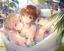Rule 34 | 2girls, ass, barefoot, bathtub, blonde hair, blush, breasts, brown hair, collarbone, commentary request, deecha, faucet, flower, folded ponytail, green eyes, hair bun, highres, indoors, looking at viewer, medium breasts, multiple girls, nude, original, parted lips, partially submerged, petals, petals on liquid, plant, purple eyes, red flower, same-sex bathing, shared bathing, short hair, sidelocks, single hair bun, smile, take your pick, thighs, upper body, water, yellow flower, yuri