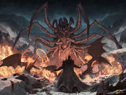 Rule 34 | absurdres, armor, artist name, balrog (lord of the rings), battle, commentary, crown, demon, english commentary, extra arms, fire, from behind, full armor, giant, giant monster, highres, holding, holding sword, holding weapon, tolkien&#039;s legendarium, monster, morgoth, snow, sword, the lord of the rings, tsrodriguez, ungoliant, weapon, whip
