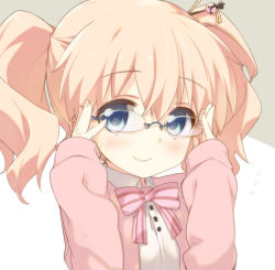 Rule 34 | 10s, 1girl, alice cartelet, bespectacled, blonde hair, blue eyes, blush, bow, bowtie, cardigan, dress shirt, flying sweatdrops, glasses, hair ornament, hair stick, kaisen chuui, kin-iro mosaic, looking at viewer, rimless eyewear, shirt, sleeves past wrists, smile, solo, striped bow, striped bowtie, striped clothes, striped neckwear, twintails, upper body