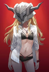 Rule 34 | 1girl, black bra, black panties, blonde hair, bra, breasts, collared shirt, dress shirt, fate/apocrypha, fate (series), helmet, highres, jewelry, long hair, long sleeves, mordred (fate), mordred (fate/apocrypha), navel, necklace, open clothes, open shirt, panties, pendant, red background, shirt, small breasts, tonee, underwear, white shirt