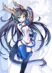 Rule 34 | 1girl, animal ears, blue eyes, blue footwear, blue thighhighs, boots, china dress, chinese clothes, dragon ears, dragon girl, dragon horns, dragon tail, dress, fins, gauntlets, head fins, hong (white spider), horns, karin (p&amp;d), leg up, long hair, monster girl, puzzle &amp; dragons, seiryuu (p&amp;d), smile, solo, spiked knuckles, tail, thigh boots, thighhighs, very long hair, zoom layer
