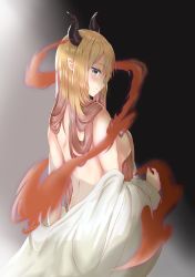 Rule 34 | 1girl, absurdres, aura, back, black background, blonde hair, blush, breasts, closed mouth, commentary, cowboy shot, demon horns, from behind, gradient background, green eyes, grey background, hair between eyes, hair over breasts, highres, hololive, horns, long hair, looking at viewer, looking back, medium breasts, pointy ears, robe, simple background, smile, solo, topless, virtual youtuber, white robe, yukihime (haletterbee), yuzuki choco, yuzuki choco (1st costume)