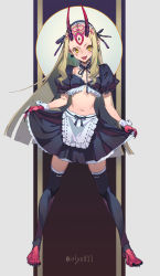 Rule 34 | 1girl, alternate costume, apron, barefoot, black nails, black ribbon, black thighhighs, blonde hair, breasts, collarbone, colored skin, crop top, earrings, enmaided, facial mark, fangs, fate/grand order, fate (series), fingernails, frills, hair ribbon, highres, horns, ibaraki douji (fate), jewelry, legs apart, long fingernails, maid, nail polish, navel, olys, oni horns, open mouth, pointy ears, puffy short sleeves, puffy sleeves, red skin, ribbon, sharp fingernails, sharp toenails, short sleeves, sidelocks, skin fangs, skirt hold, small breasts, smile, solo, standing, stirrup legwear, stomach, thighhighs, toeless legwear, toenails, twitter username, waist apron, whisker markings, white apron, wrist cuffs, zettai ryouiki