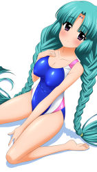 Rule 34 | 1990s (style), 1girl, absurdres, braid, canal vorfeed, competition swimsuit, green hair, highres, long hair, lost universe, one-piece swimsuit, purple eyes, solo, sugimura tomokazu, swimsuit, twin braids, twintails