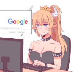 Rule 34 | 1girl, arm at side, armlet, bare shoulders, black dress, blonde hair, blue eyes, blue gemstone, blush, bowsette, bracelet, breasts, chair, cleavage, closed mouth, collar, collarbone, computer, crown, dress, earrings, empty eyes, english text, expressionless, fang, fang out, female focus, gem, google, hair between eyes, half-closed eyes, highres, horns, indoors, internet, jewelry, large breasts, long hair, mario (series), monster girl, neck, nintendo, pointy ears, ponytail, poptrt, shaded face, sitting, solo, spiked armlet, spiked bracelet, spiked collar, spikes, strapless, strapless dress, super crown, table, typing, upper body, white background, white horns