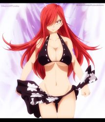 Rule 34 | 1girl, angry, arm tattoo, armpits, arms at sides, artist name, asymmetrical bangs, barefoot, bikini, black bikini, black sarong, breasts, brown eyes, cleavage, cleft of venus, clenched hands, clothes lift, collarbone, colorized, curvy, energy, erza scarlet, eyelashes, facing viewer, fairy tail, feet, female focus, fighting stance, fingernails, floating hair, floral print, gluteal fold, groin, hair over one eye, highres, large breasts, legs, long hair, looking at viewer, mashima hiro, midriff, navel, neck, red eyes, red hair, sarong, sarong lift, side bangs, sidelocks, solo, standing, straight hair, summer, swimsuit, tattoo, thigh gap, thighs, third-party edit, underboob