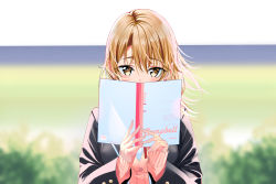 Rule 34 | 1girl, black jacket, blazer, blonde hair, blurry, blurry background, blush, cardigan, day, floating hair, hair between eyes, highres, holding, isshiki iroha, jacket, long hair, long sleeves, looking at viewer, nonbire, open clothes, open jacket, outdoors, pink cardigan, sleeves past wrists, solo, upper body, yahari ore no seishun lovecome wa machigatteiru., yellow eyes