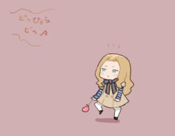 Rule 34 | 1girl, blonde hair, blue bow, blue eyes, bow, brown dress, closed mouth, commentary request, dress, forehead, long hair, long sleeves, looking at viewer, m3gan, m3gan (character), neck ribbon, pink background, ribbon, saiguchi otoufu, simple background, solo, standing, striped ribbon, striped sleeves, water yoyo