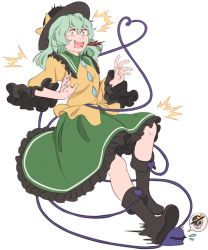 Rule 34 | 1girl, ^^^, black footwear, black hat, boots, bow, flying sweatdrops, full body, green hair, green skirt, hair between eyes, hat, hat bow, heart, heart of string, highres, komeiji koishi, mefomefo, pain, screaming, shirt, simple background, skirt, skull, slipping, solo, spoken skull, stepped on, tears, third eye, touhou, wavy mouth, white background, wide sleeves, yellow bow, yellow shirt