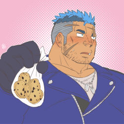 Rule 34 | 1boy, averting eyes, bara, beard, beard stubble, blue hair, blush, chocolate chip cookie, cookie, cross scar, dark-skinned male, dark skin, dog tags, ei (marutendon), facial hair, facial scar, fang, food, highres, incoming gift, large pectorals, live a hero, male focus, mature male, multicolored hair, muscular, muscular male, pectoral cleavage, pectorals, scar, scar on cheek, scar on face, scar on forehead, short hair, shy, sideburns, solo, stubble, thick eyebrows, tusks, two-tone hair, undercut, valentine, yoshiori (live a hero)