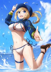 Rule 34 | 1girl, :d, absurdres, ahoge, aiming, aiming at viewer, arm up, artoria pendragon (fate), bare legs, baseball cap, bikini, blonde hair, blue eyes, blue hat, blue ribbon, blue sky, breasts, brown footwear, cleavage, cloud, commentary request, fate/grand order, fate (series), finger gun, hat, highres, lens flare, long hair, long sleeves, looking at viewer, medium breasts, mysterious heroine x (fate), mysterious heroine xx (fate), navel, ocean, open mouth, ponytail, ribbon, sandals, shrug (clothing), side-tie bikini bottom, sky, slime (user jpds8754), smile, solo, splashing, stomach, sweatband, swimsuit, thigh strap, water, water drop, white bikini