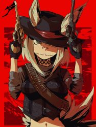 Rule 34 | aetherion, ammunition belt, anarchy ptck, animal ears, black gloves, black hat, blue eyes, cowboy hat, facial tattoo, gloves, gun, gunslinger girl, handgun, hat, hat with ears, highres, leather vest, midriff, navel, neck tattoo, red dead redemption, revolver, snow sos, tail, tattoo, weapon, white hair