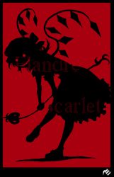 Rule 34 | 1girl, embodiment of scarlet devil, evil grin, evil smile, fang, female focus, flandre scarlet, grin, hat, horror (theme), laevatein, monochrome, oso (toolate), red theme, silhouette, smile, solo, touhou, wings