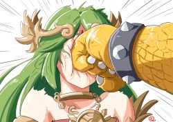 Rule 34 | 1boy, 1girl, ancient greek clothes, automatic giraffe, bare shoulders, bowser, bracelet, chiton, claws, clenched hand, close-up, commentary, commission, dated, dress, emphasis lines, english commentary, face punch, green hair, in the face, jewelry, kid icarus, kid icarus uprising, mario (series), necklace, nintendo, palutena, punching, ryona, scales, spiked bracelet, spikes, super smash bros., tiara, white background, white dress