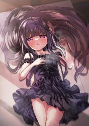 Rule 34 | 1girl, artina, bare shoulders, black dress, black hair, blush, breasts, commentary request, dress, flower, hair flower, hair ornament, hair spread out, highres, long hair, looking at viewer, lying, on back, open mouth, original, purple eyes, small breasts, solo, sweat, very long hair