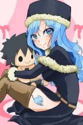 Rule 34 | 1girl, blue eyes, blue hair, blush, boots, coat, doll, fairy tail, gray fullbuster, hat, highres, juvia lockser, long hair, tattoo, thigh boots, thighhighs