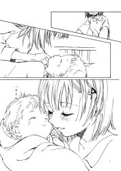 Rule 34 | 2girls, blanket, blush stickers, buttons, character name, check commentary, clenched hand, closed eyes, collared shirt, comic, commentary, commentary request, crib, flashback, greyscale, hair ornament, hairpin, hand on another&#039;s cheek, hand on another&#039;s face, highres, holding baby, kaname junko, kaname madoka, long sleeves, mahou shoujo madoka magica, monochrome, mother and daughter, multiple girls, no+bi=, nuzzle, open mouth, shirt, short hair, sleeves rolled up, smile