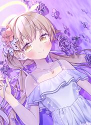 Rule 34 | 1girl, absurdres, blue archive, blush, closed mouth, collarbone, dress, flower, hair flower, hair ornament, hifumi (blue archive), highres, jewelry, lanubis, light brown hair, long hair, low twintails, lying, lying on water, on back, pendant, petals, petals on liquid, pink flower, purple flower, smile, solo, twintails, upper body, water, white dress, yellow eyes