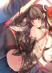 Rule 34 | 1girl, :o, back, bangle, bare shoulders, black gloves, black hair, black legwear, black panties, blunt bangs, blush, bracelet, breasts, china dress, chinese clothes, day, dress, elbow gloves, feet out of frame, floral print, from above, gloves, hair bun, hand on own knee, highres, indoors, jewelry, light particles, long hair, looking at viewer, looking up, lying, on side, original, panties, parted lips, print dress, red eyes, side-tie panties, side bun, side slit, single hair bun, single side bun, sleeveless, sleeveless dress, small breasts, sunlight, thighs, underwear, yumemi (kiowa)