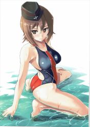 Rule 34 | 10s, 1girl, arm support, ass, bare shoulders, barefoot, blush, breasts, brown eyes, brown hair, competition swimsuit, full body, garrison cap, girls und panzer, hat, highres, kneeling, looking away, looking back, matching hair/eyes, military hat, nenchi, nishizumi maho, one-piece swimsuit, scan, short hair, sideboob, solo, squatting, swimsuit, wading, water, yellow eyes