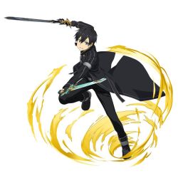 Rule 34 | 1boy, belt, black eyes, black gloves, black hair, black pants, black shirt, clenched teeth, dual wielding, fingerless gloves, full body, gloves, hair between eyes, holding, holding sword, holding weapon, kirito, leg up, looking at viewer, male focus, official art, outstretched arms, pants, running, shirt, simple background, solo, sword, sword art online, sword art online: code register, teeth, weapon, white background