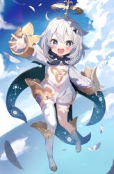 Rule 34 | 1girl, absurdres, blue eyes, blue sky, blush, cape, cloud, day, dress, feathers, full body, genshin impact, hair between eyes, hair ornament, halo, highres, long sleeves, looking at viewer, nam (nam990902), open mouth, outdoors, paimon (genshin impact), scarf, single thighhigh, sky, smile, solo, thighhighs, white dress, white hair, white thighhighs