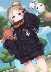 Rule 34 | 1girl, abigail williams (fate), abigail williams (traveling outfit) (fate), bad id, bad pixiv id, balloon, black bow, black jacket, blonde hair, blue eyes, blue sky, blush, bow, cloud, commentary request, crossed bandaids, day, dutch angle, fate/grand order, fate (series), fou (fate), hair bow, hair bun, hand up, holding, holding balloon, jacket, key, long hair, long sleeves, looking at viewer, medjed (fate), hugging object, official alternate costume, orange bow, outdoors, parted bangs, parted lips, polka dot, polka dot bow, single hair bun, sky, sleeves past fingers, sleeves past wrists, solo, standing, star (symbol), stuffed animal, stuffed toy, teddy bear, tree, yuzu-aki