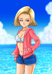 Rule 34 | 1girl, 2094banana, android 18, bikini, bikini top only, blonde hair, blue eyes, blue shorts, blue sky, blurry, blurry background, breasts, cardigan, cleavage, closed mouth, cloud, collarbone, day, dragon ball, dragonball z, earrings, hair intakes, hand in pocket, highres, hooded cardigan, jewelry, long sleeves, looking at viewer, medium breasts, navel, open cardigan, open clothes, outdoors, pink cardigan, short hair, short shorts, shorts, sky, solo, striped bikini, striped clothes, swimsuit, white bikini