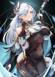 Rule 34 | 1girl, bare shoulders, bodysuit, breasts, fingerless gloves, genshin impact, gloves, hair over one eye, highres, hip vent, large breasts, looking at viewer, nail polish, polearm, shenhe (genshin impact), silver hair, solo, thighs, underboob, weapon, yutoriko (candy0905)
