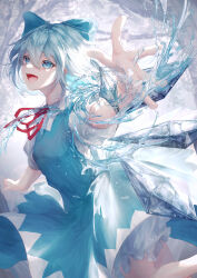 Rule 34 | 1girl, absurdres, bloomers, blue bow, blue dress, blue eyes, blue hair, blue ribbon, bow, breasts, cirno, cowboy shot, cryokinesis, dress, fairy wings, from side, hair between eyes, hair bow, highres, hydrokinesis, ice crystal, neck ribbon, open mouth, pinafore dress, puffy short sleeves, puffy sleeves, reaching, reaching towards viewer, red ribbon, ribbon, shirt, short hair, short sleeves, sleeveless, sleeveless dress, small breasts, solo, toku kekakewanko, touhou, underwear, water, white bloomers, white shirt, wings