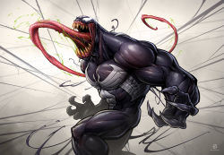 Rule 34 | 1boy, black skin, claws, colored skin, long tongue, male focus, marvel, monster, monster boy, muscular, open mouth, patrick brown, sharp teeth, solo, spider-man (series), teeth, tongue, venom (marvel)
