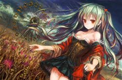 Rule 34 | 1girl, aqua hair, bare shoulders, bare tree, blue skirt, bodice, breasts, cleavage, cloud, cloudy sky, detached sleeves, dress, dutch angle, expressionless, ferris wheel, field, flower, hair ribbon, hatsune miku, highres, lm7 (op-center), long hair, looking at viewer, medium breasts, miniskirt, original, outdoors, red eyes, ribbon, shawl, skirt, sky, solo, strapless, tree, vocaloid, wind