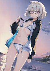 Rule 34 | 1girl, beach, bikini, breasts, closed mouth, commentary request, glasses, highres, jacket, looking at viewer, open clothes, open jacket, original, polka dot, polka dot bikini, purple eyes, short hair, signature, small breasts, solo, swimsuit, yuugo (atmosphere)
