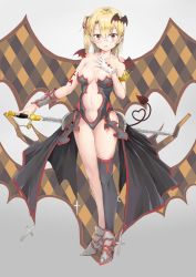Rule 34 | 1girl, absurdres, armor, bare shoulders, bat hair ornament, black thighhighs, blonde hair, blush, breasts, brown eyes, character request, cleavage, collarbone, copyright request, full body, gloves, hair ornament, hair ribbon, heart, highres, holding, holding sword, holding weapon, large breasts, medium hair, nail polish, navel, parted lips, pointy ears, red nails, red ribbon, ribbon, side ponytail, solo, sword, thighhighs, vampire, weapon, white gloves, yi zhi bai bo