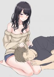 Rule 34 | 1boy, 1girl, bare shoulders, black hair, blue eyes, breasts, brown hair, cleavage, collarbone, commentary request, earbuds, earphones, grey background, highres, idolmaster, idolmaster shiny colors, kazano hiori, long hair, lying on lap, mole, mole under mouth, nakonako, no eyes, off-shoulder sweater, off shoulder, shirt, simple background, sweater, thighs