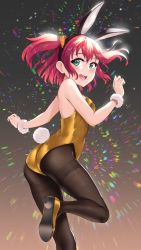 Rule 34 | 1girl, animal ears, aqua eyes, ass, black pantyhose, commentary, cowboy shot, fake animal ears, from behind, gold footwear, gold leotard, h-appa, high heels, highres, kurosawa ruby, leotard, looking back, love live!, love live! sunshine!!, open mouth, pantyhose, playboy bunny, pumps, rabbit ears, rabbit girl, rabbit tail, red hair, scrunchie, short hair, smile, solo, standing, standing on one leg, strapless, strapless leotard, tail, teeth, thighband pantyhose, two side up, upper teeth only