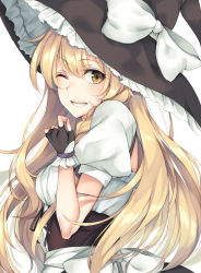 Rule 34 | 1girl, ;d, adapted costume, black gloves, black hat, black ribbon, blonde hair, blush, bow, breasts, commentary request, corset, dress, fingerless gloves, fingernails, frilled hat, frills, gloves, grin, hair between eyes, hat, hat bow, highres, kirisame marisa, long hair, looking at viewer, looking back, looking to the side, medium breasts, one eye closed, open mouth, parted lips, puffy short sleeves, puffy sleeves, ribbon, rinarisa, short sleeves, simple background, smile, solo, tareme, teeth, touhou, upper body, white background, white bow, white dress, witch hat, yellow eyes