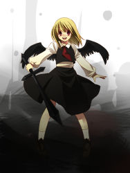 Rule 34 | 1girl, alternate hairstyle, bad id, bad pixiv id, black wings, blonde hair, darkness, embodiment of scarlet devil, ex-rumia, female focus, hair down, hijiri (resetter), hiz (pixiv), open mouth, red eyes, rumia, short hair, smile, solo, sword, touhou, weapon, wings