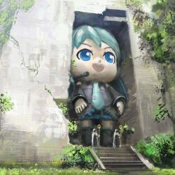 Rule 34 | 1girl, 2others, aqua hair, bare shoulders, blue eyes, building, bush, chibi, cloak, crack, detached sleeves, giant, giantess, grass, hair ornament, hatsune miku, holding, holding staff, long hair, microphone, mikudayoo, multiple others, nature, necktie, open mouth, outdoors, rythayze, skirt, staff, stairs, standing, statue, thighhighs, tree, twintails, very long hair, vocaloid