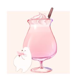 Rule 34 | bear, chai (drawingchisanne), cherry blossoms, commentary request, cup, drink, drinking glass, drinking straw, food focus, holding, leaning, leaning on object, no humans, original, polar bear, signature, simple background, undersized animal, whipped cream