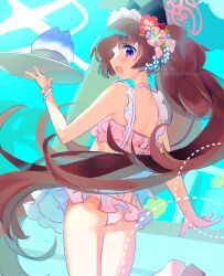 Rule 34 | 1girl, animal ears, ass, bikini, blue archive, blush, flower, frilled bikini, frills, from behind, hair flower, hair ornament, halo, hibiscus, highres, holding, holding tray, kyuuri (miyako), long hair, looking at viewer, looking back, maid headdress, open mouth, pink bikini, pink flower, purple eyes, red flower, shizuko (blue archive), shizuko (swimsuit) (blue archive), solo, swimsuit, tray, twintails, twitter username, very long hair, watermark