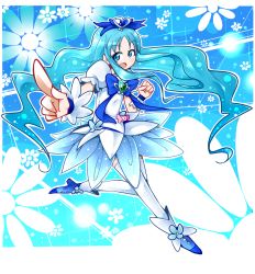 Rule 34 | 10s, 1girl, bad id, bad pixiv id, blue background, blue eyes, blue hair, blue skirt, blue theme, bow, brooch, cure marine, floral background, flower, full body, happy, heart, heart brooch, heartcatch precure!, jewelry, kurumi erika, kuzuyama, long hair, magical girl, matching hair/eyes, no nose, pointing, precure, puffy sleeves, ribbon, shoes, skirt, solo, thighhighs, white thighhighs, wrist cuffs