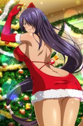 Rule 34 | 1girl, absurdly long hair, arms up, ass, backless dress, backless outfit, breasts, butt crack, christmas, christmas tree, dress, elbow gloves, fur-trimmed dress, fur-trimmed gloves, fur trim, gloves, grey eyes, hair over one eye, highres, holding, ikkitousen, indoors, kan&#039;u unchou, large breasts, leaning forward, long hair, looking at viewer, looking back, panties, pantyshot, purple hair, red dress, red gloves, santa costume, santa gloves, short dress, shoulder blades, sideboob, sleeveless, sleeveless dress, smile, solo, standing, strapless, strapless dress, swept bangs, underwear, very long hair, white panties