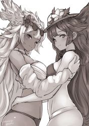 Rule 34 | 2girls, artist name, bare shoulders, bikini, breast press, breasts, closed mouth, commentary request, dark-skinned female, dark skin, dated, eyewear on head, flower, from side, granblue fantasy, greyscale, hair flower, hair ornament, halluel (granblue fantasy), hat, highres, hug, long hair, looking at viewer, malluel (granblue fantasy), medium breasts, monochrome, multiple girls, nosuku, shiny skin, sidelocks, signature, simple background, sunglasses, swimsuit, white background