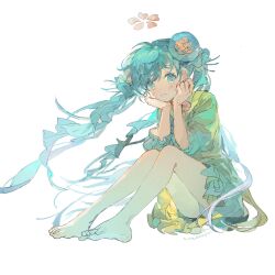 Rule 34 | 1girl, aqua eyes, aqua hair, bare legs, barefoot, blue eyes, blue hair, blush, bow, closed mouth, dress, feet, flower, full body, green dress, hair bow, hair flower, hair ornament, halo, hands on own cheeks, hands on own face, hat, hat flower, hatsune miku, highres, knees up, long hair, looking at viewer, panties, pantyshot, simple background, sitting, soles, solo, toes, twintails, twitter username, underwear, very long hair, vocaloid, white background, white panties, zhenjiuzi