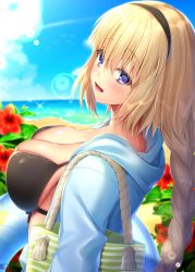 Rule 34 | 1girl, :d, bad id, bad pixiv id, bag, bikini, black bikini, black hairband, blonde hair, blue eyes, blue innertube, blue jacket, blue sky, blurry, blurry background, blush, braid, breasts, cleavage, cloud, commentary request, day, depth of field, fate/grand order, fate (series), flower, hair between eyes, hairband, head tilt, highres, hood, hood down, hooded jacket, innertube, jacket, jeanne d&#039;arc (fate), jeanne d&#039;arc (ruler) (fate), jeanne d&#039;arc (swimsuit archer) (fate), jeanne d&#039;arc (swimsuit archer) (first ascension) (fate), large breasts, long hair, looking at viewer, looking to the side, navy (navy.blue), open clothes, open jacket, open mouth, outdoors, red flower, skindentation, sky, smile, solo, swim ring, swimsuit, very long hair