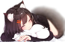 Rule 34 | 1girl, :3, absurdres, animal ear fluff, animal ears, bed sheet, black jacket, blurry, blurry background, blush, brown hair, closed eyes, closed mouth, depth of field, facing viewer, fingernails, fox ears, fox girl, fox tail, hair between eyes, hair ornament, hairclip, highres, hood, hood down, hooded jacket, jacket, long sleeves, lying, mayogii, nail polish, hugging object, on stomach, original, pillow, pillow hug, red nails, sleeves past wrists, solo, tail, white background
