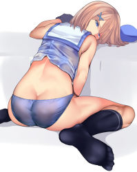 Rule 34 | 10s, 1girl, ass, back, bare arms, beret, black gloves, black socks, blue eyes, blue panties, butt crack, cafe au lait (kafeore), crop top, feet, from behind, gloves, hair ornament, hat, unworn hat, unworn headwear, highres, kantai collection, kneehighs, leaning forward, light brown hair, looking back, maya (kancolle), no pants, no shoes, open mouth, panties, see-through, short hair, sitting, socks, soles, solo, toes, underwear, wariza, x hair ornament